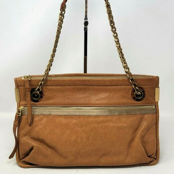 Lanvin Happy Camel Brown Leather Chain Medium Shoulder Hand Bag Authentic - Picture 1 of 13